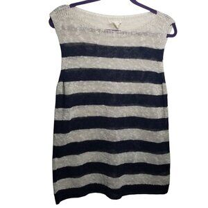 Eileen Fisher Bateau Neck Organic Linen Cotton Navy /Beige StripedTop Sz M
